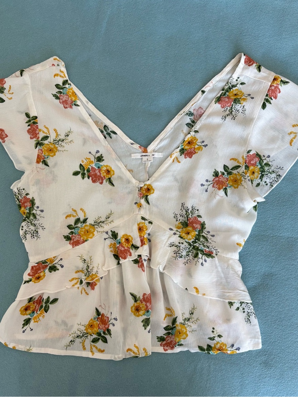 NWT O'Neill Small White Yellow Floral V-Neck Flutter Sleeve Ruffle Peplum Top